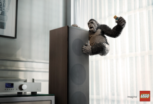 Gorilla made from Lego blocks integrated in a room setting